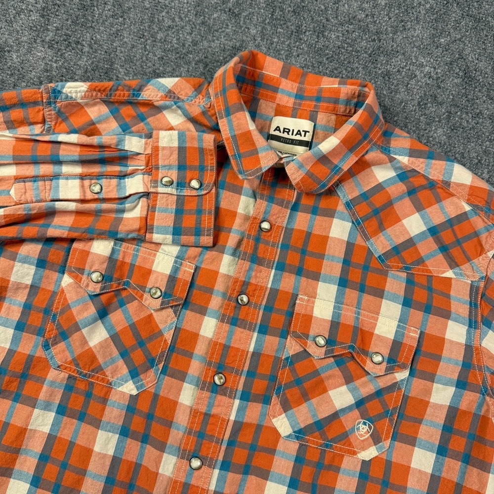Ariat Mens Retro Fit Pearl Snap Shirt XXL Orange Plaid Western Cowboy Rodeo